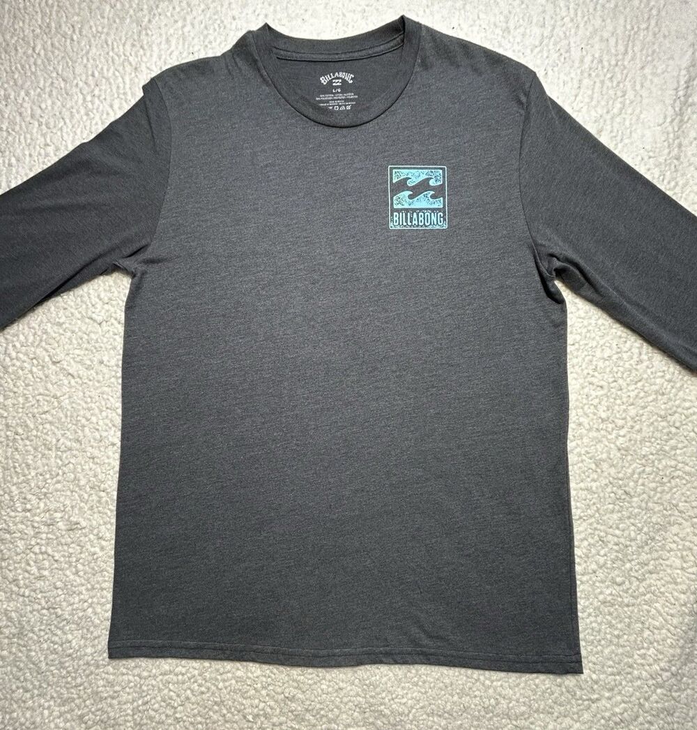 Billabong Big Logo Long Sleeve Shirt Size L Charcoal Heather Gray Teal Waves